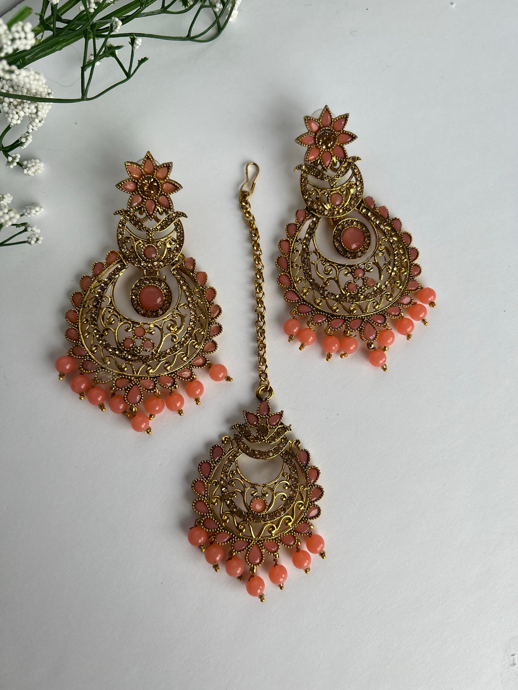 Peach Earrings & Tikka